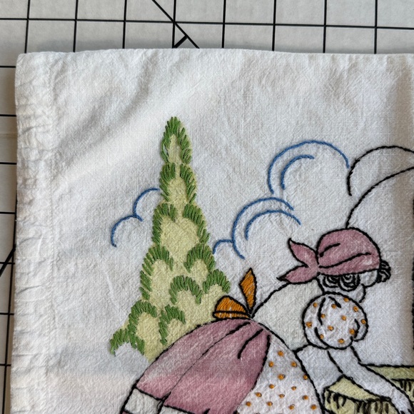 Vintage Hand-Embroidered Pillow & Case– 12' x 16” Farm Couple at the Well Scene - Picture 6 of 14